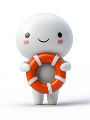 3D icon of a white cartoon character holding a life preserver , on a white background.