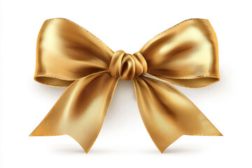 Naklejka premium Shiny golden ribbon bow with smooth satin texture, tied in elegant knot, isolated on white background. Perfect for gift wrapping, decoration, or festive designs