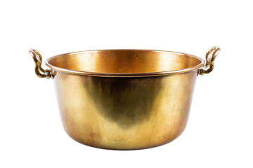 Golden metal bowl with decorative rope handles