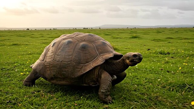 Giant tortoise grazing on lush green grass with a cloudy sky background