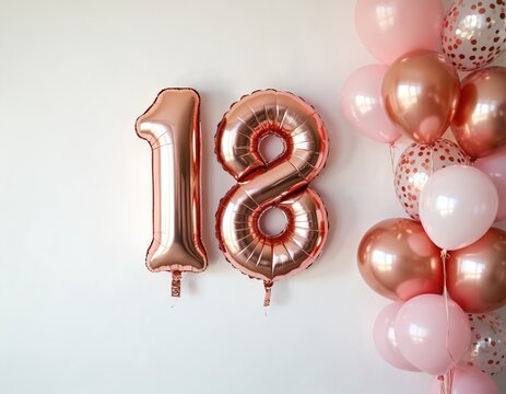 Rose gold number 18 balloons and pink balloons arranged on a white wall. Celebrates reaching adulthood, a milestone birthday, or an anniversary for someone turning eighteen.
