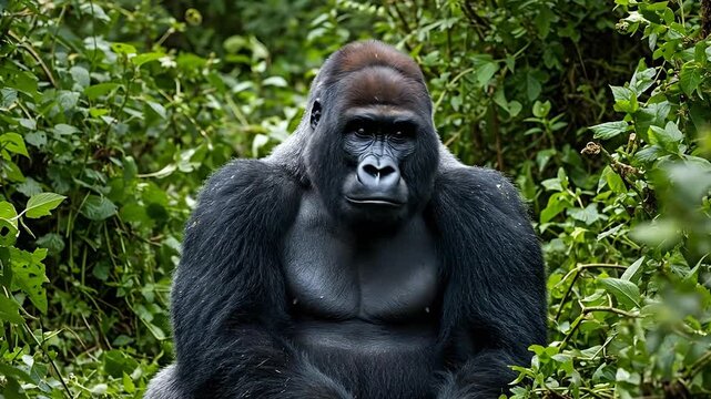Majestic gorilla in lush greenery wildlife portrait