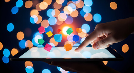 A hand interacts with a digital tablet displaying colorful geometric shapes against a blurred background of lights and bokeh effects.