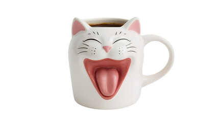Funny cat face mug with tongue out, cute ceramic coffee cup with whiskers and pink ears isolated on the transparent background