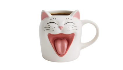 Funny cat face mug with tongue out, cute ceramic coffee cup with whiskers and pink ears isolated on the transparent background