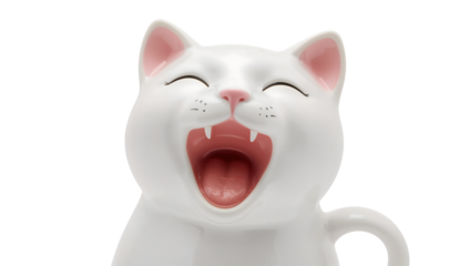 Cute white cat shaped ceramic pitcher with open mouth and pink details isolated on the transparent background