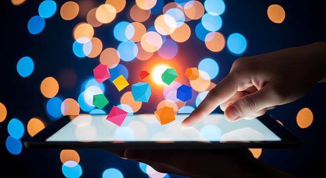 A hand interacts with a digital tablet displaying colorful geometric shapes against a blurred background of lights and bokeh effects.