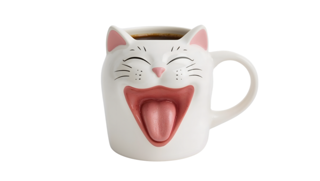 Funny cat face mug with tongue out, cute ceramic coffee cup with whiskers and pink ears isolated on the transparent background