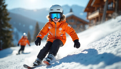 A child wearing an orange ski jacket and goggles zooms down a snowy mountain slope. Another young skier follows behind, both enjoying a sunny winter day. They wear helmets and ski gear for safety.
