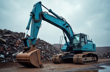 Blue excavator with claw arm sits idle at scrap metal yard. Piles of junk and debris surround the heavy machinery. Metal recycling industry operations with waste materials.