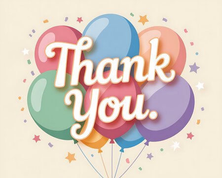 A vibrant bouquet of colorful balloons floats joyfully conveying a heartfelt thank you message with festive confetti and stars