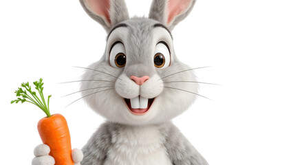 Adorable smiling bunny holding carrot isolated on the transparent background with cute expression and big eyes
