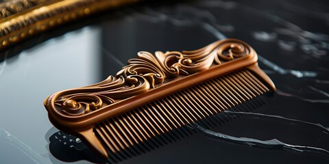 Ornate golden comb resting on a reflective dark surface, evoking luxury and vintage style.