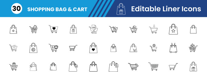 Shopping Bag & Cart glyph Icon set, Shopping Bag, Shopping Cart, Add to Cart, Remove from Cart, Wishlist, Checkout, Empty Cart, Full Cart, Price Tag, Purchase Vector line Icons illustration.