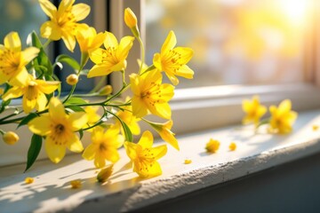 Fototapeta premium Sunny yellow flowers on a windowsill, bathed in soft sunlight
