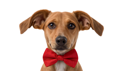 Adorable brown dog wearing red bow tie isolated on the transparent background with cute expression and floppy ears