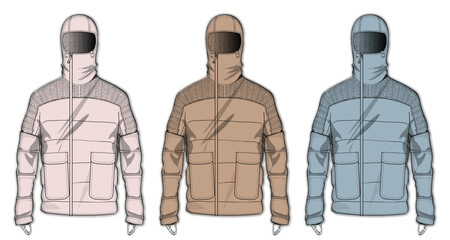 Modern urban pullover hoodie design concept. A collection of technical fashion flat sketches of an anorak jacket in three colorways for apparel manufacturing