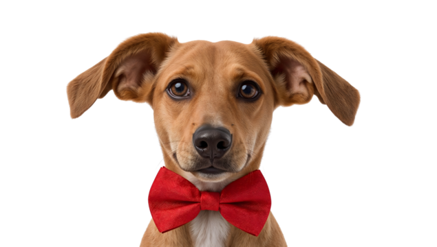 Adorable brown dog wearing red bow tie isolated on the transparent background with cute expression and floppy ears