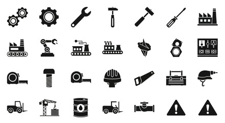 Fototapeta premium Black and White Industrial and Construction Tools and Equipment Icons.