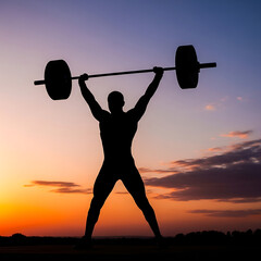 Illustration of silhouette of a weightlifter lifting a barbell against a vibrant sunset sky, showcasing strength and determination in a fitness context