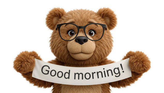 Adorable bear wearing glasses holding good morning banner, cute animal character for cheerful greeting or motivational message
