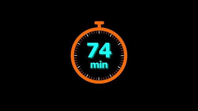 Animation video timer icon with 74 min. timer 74 minutes countdown icon. motion graphic arrow Clock 74 minute icon, white background 4k video animation.
