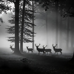 Illustration of a mysterious black and white scene of a herd of deer emerging from the misty forest, creating an atmosphere of tranquility and wild beauty in nature