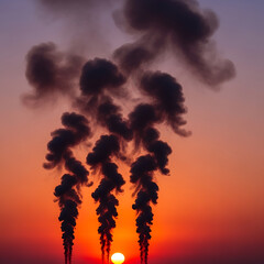Illustration of dramatic image of thick smoke billowing from industrial chimneys at sunset, highlighting the environmental impact of pollution and the urgent need for clean energy solutions