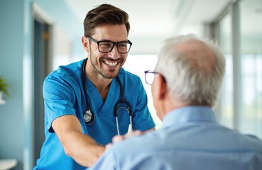 Fototapeta premium Young male nurse in blue uniform smiles at senior man. Caregiver provides comfort and support to elderly patient. Doctor shares a friendly conversation, happy moment indoors.