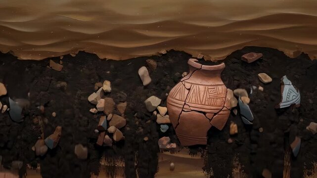Ancient broken pottery in archaeological layers, showing excavation and historical discovery footage