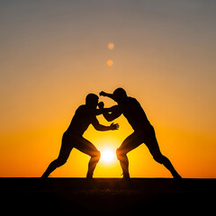 Illustration of silhouette of two men boxing against a vibrant sunset, showcasing strength, competition, and the beauty of nature in a dynamic display of athleticism