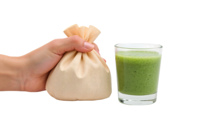 Hand holding nut milk bag with fresh green smoothie in glass on the transparent background, homemade plantbased drink preparation, vegan healthy clean eating concept