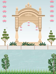 Royal Indian wedding invitation card design, Mughal Hindu fusion style, gold floral frame