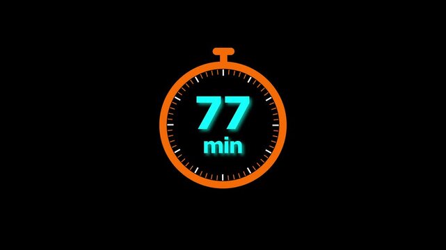 Animation video timer icon with 77 min. timer 77 minutes countdown icon. motion graphic arrow Clock 77 minute icon, white background 4k video animation.