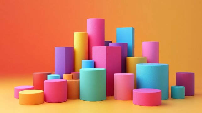 lively arrangement of colorful 3D geometric cylinders and cubes against a vibrant orange and yellow gradient background. Ideal for creative design blogs, children's art, or abstract marketing.