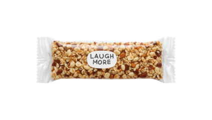 Healthy nut bar with mixed nuts in clear wrapper, laugh more label, isolated on the transparent background