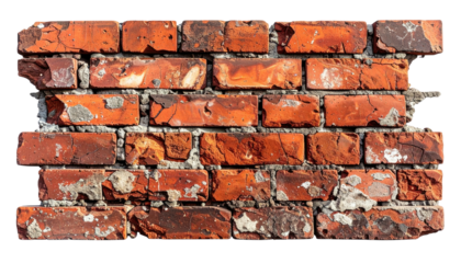 Close-up of a weathered, rustic red brick wall section with crumbling mortar and chipped brick edges