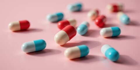 Colorful capsules scattered on a pink surface create a vibrant healthcare theme.