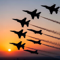 Illustration of a stunning display of aerial prowess as a squadron of fighter jets soars through the sky at sunset, leaving trails of smoke against the vibrant orange and yellow hues