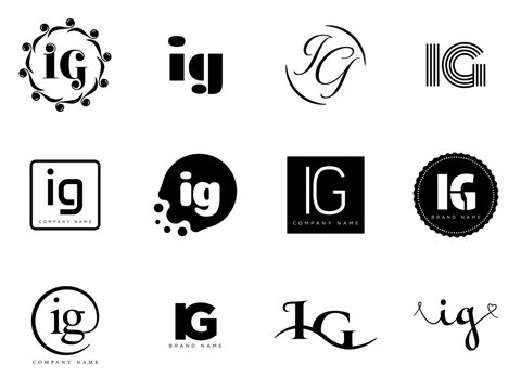 IG logo company template. Letter i and g logotype. Set different classic serif lettering and modern bold text with design elements. Initial font typography.