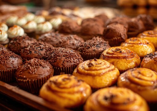 A tray of assorted pastries including muffins, donuts, and cinnamon rolls
