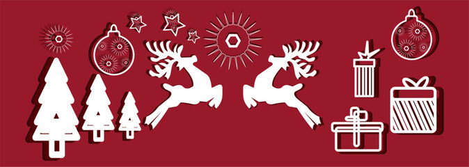 Christmas Holiday Elements with Reindeer, Trees, Gifts, Ornaments, and Stars in Red and White