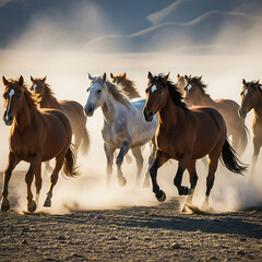 Illustration of a powerful herd of wild mustangs gallops across the dusty plains, their manes flowing in the wind, as they embody freedom and the untamed spirit of the west