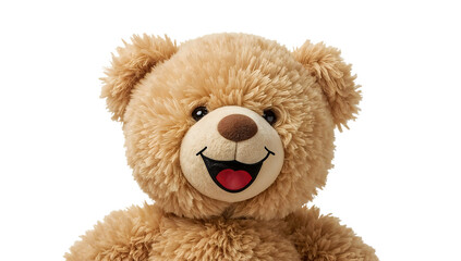 Obraz premium Smiling plush teddy bear closeup isolated on the transparent background happy brown stuffed toy for kids and gift ideas
