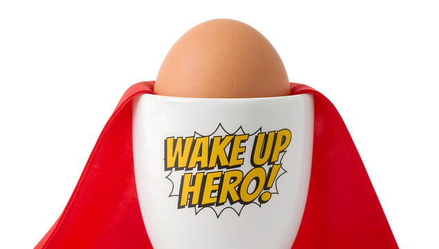 Egg in cup with wake up hero text and red cape on the transparent backgroundfunny breakfast inspiration, superhero concept, morning motivation, creative food idea