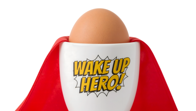 Egg in cup with wake up hero text and red cape on the transparent backgroundfunny breakfast inspiration, superhero concept, morning motivation, creative food idea