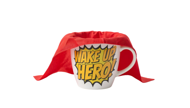 Comic style wake up hero coffee mug with red superhero cape isolated on the transparent background for morning motivation and inspiration