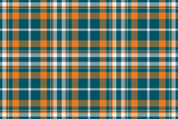 Underwear plaid check texture, length textile seamless tartan. Rest pattern fabric vector background in cyan and orange colors.