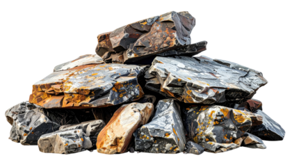Rock pile. Angular stone stack with yellow and grey hues, isolated on a black background
