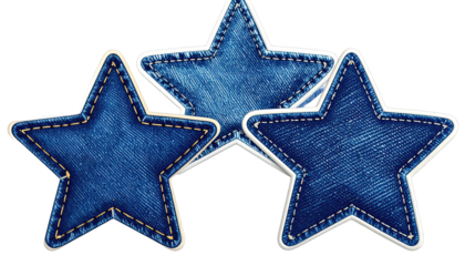 Three denim-textured stars with white outlines and visible stitching, overlapping slightly on a transparent background